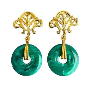 Vintage Faux Malachite Earrings Gold Tone Drop‎ Dangle 90s Statement Maximalist